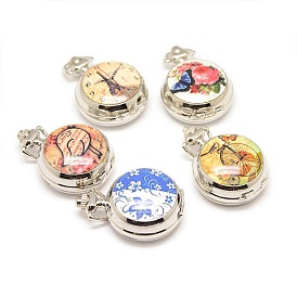 Mixed Styles Openable Flat Round Alloy Printed Porcelain Quartz Watch Heads for Pocket Watch Necklaces Making, 40x29.5x15mm