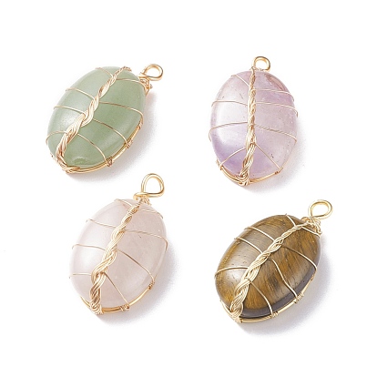 Pendentifs en pierre naturelle, avec du vrai fil de cuivre plaqué or 18k enroulé, ovale