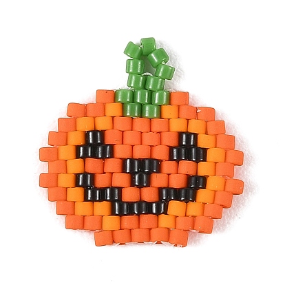 Halloween Glass Seed Beaded Pendants, Jack o Lantern Charm