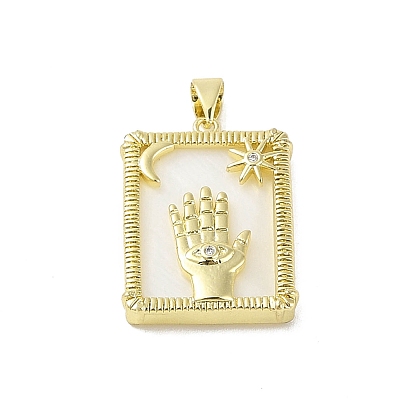 Brass Micro Pave Cubic Zirconia Pendants, with Shell, Real 18K Gold Plated, Rectangle with  Palm & Star &Moon