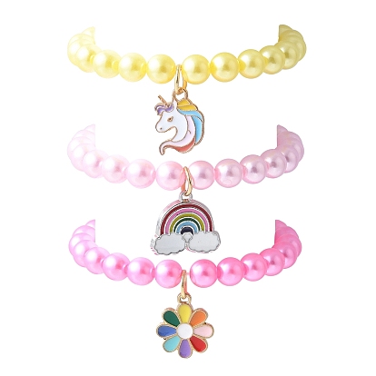 3шт 3 цвета АБС пластик имитация жемчуга бусины эластичные браслеты, браслеты из сплава эмали для женщин, цветок, радуга и единорог