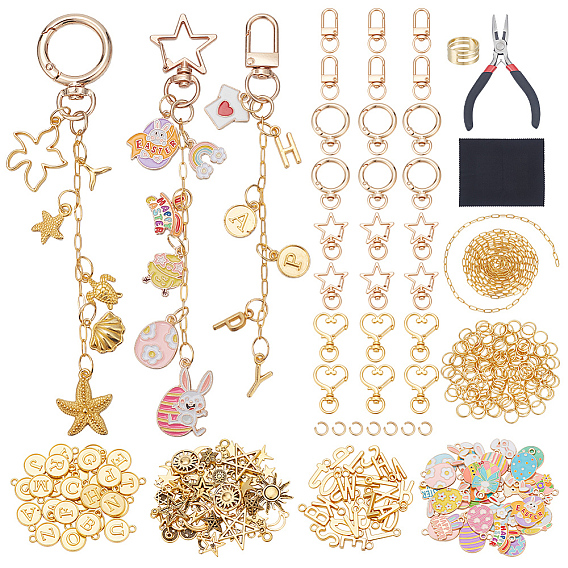 DIY Keychain Making Kit, Including Zinc Alloy Swivel Clasps, Brass Paperclip Chains, Iron Jump Rings, Alloy Pendant Sets, Brass Rings, Carbon Steel Chain Nose Pliers