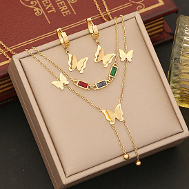 Colorful Cubic Zirconia Butterfly Jewelry Set with Stainless Steel Collarbone Chain
