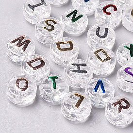 Transparent Clear Acrylic Beads, with Glitter Powder, Horizontal Hole, Flat Round with Random Letters