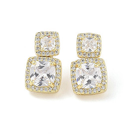 Square Brass Pave Clear Cubic Zirconia Stud Earrings with Glass for Women