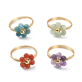 4Pcs 4 Style Natural Mixed Gemstone Beaded Flower Finger Rings Set, Real 18K Gold Plated Copper Wire Wrapped Jewelry
