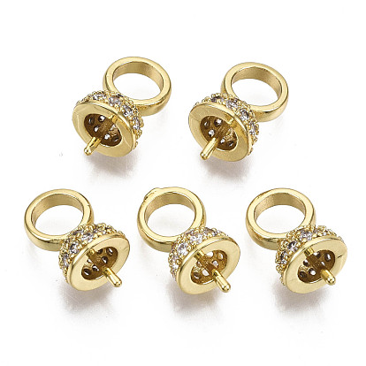 Brass Cup Pearl Peg Bails Pin Pendants, For Half Drilled Beads, with Micro Pave Cubic Zirconia, Nickel Free