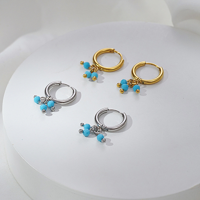 Круглые серьги-кольца из нержавеющей стали, с синтетическими бирюзовый