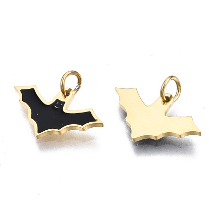 316 Surgical Stainless Steel Enamel Charms, with Jump Rings, for Halloween, Bat