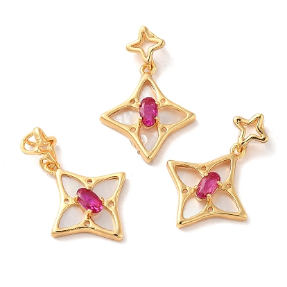 Brass Pave Camellia Cubic Zirconia Pendants, Star Charms with Natural Shell