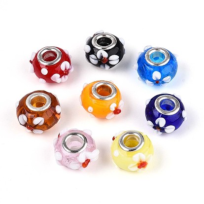 Бусины лэмпворк европейского стиля , ухабистая лампа, с платиновой латуни двойной ядер, бусины с большим отверстием, RONDELLE с цветком