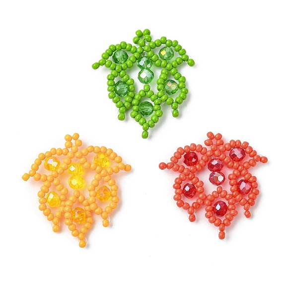 3pcs 3 Clors Glass Seed Beaded Leaf Pendants, with Electroplate Glass Beads