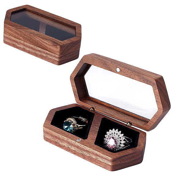 Шестиугольные деревянные футляры-органайзеры для парных колец с магнитными крышками с видимым окошком