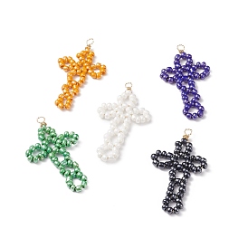 Gros pendentifs en perles de verre, avec fil de cuivre écologique, croix, religion