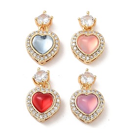 Brass Clear Cubic Zirconia Pendants, with Resin, Real 18K Gold Plated, Heart