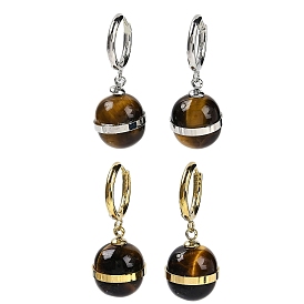 304 Stainless Steel & Natural Tiger Eye Round Hoop Earrings for Women