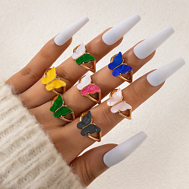 Colorful Butterfly Ring Set with Geometric Resin Sweet Style - 7 Pieces