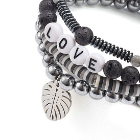 4Stück 4Stil natürliche weiße Jade (gefärbt) & Lavagestein & synthetisches Hämatit Stretch-Armbänder-Set, Buchstabe Wort Liebe Armband mit Blatt für Frauen