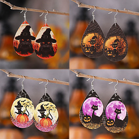 Halloween PU Leather Earrings, with Stainless Steel Earrings Hook, Teardrop with Cat, Platinum