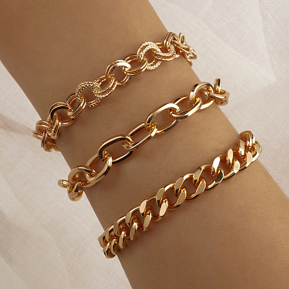Bold Punk Style Women's Bracelet Set with Chunky, Circular and Double-Loop Chains