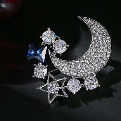 Rhinestone Crescent Moon & Star Lapel Pin, Platinum Plated Alloy Badge for Backpack Clothes