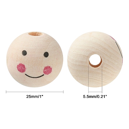 Natural Wood Beads, Large Hole Beads, Round with Smile Face