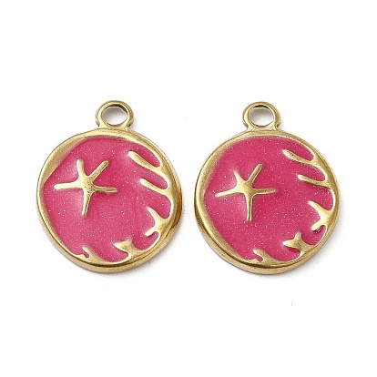 Vacuum Plating 201 Stainless Steel Enamel Pendants, Real 18K Gold Plated, Flat Round with Starfish Charm