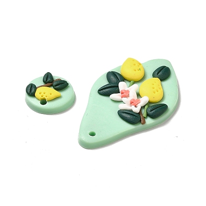 Handmade Polymer Clay Pendants Sets, Flat Round & Teardrop with Fruit & Flower