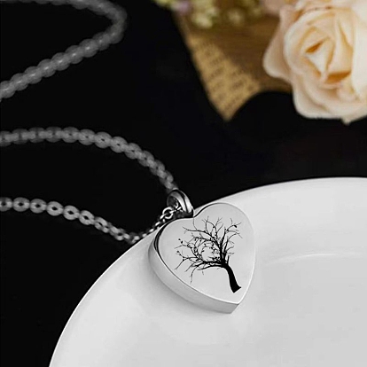 Stainless Steel Pendant Necklaces, Heart with Tree Urn Ashes Necklaces