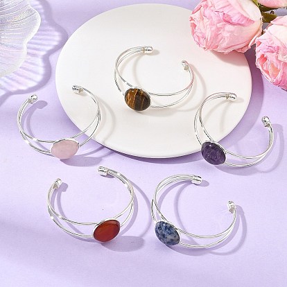 304 Stainless Steel Cuff Bangles for Women, with Flat Round Natural Mixed Gemstone, Stainless Steel Color