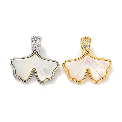 Brass Micro Pave Clear Cubic Zirconia Pendants, Cadmium Free & Nickel Free & Lead Free, with Shell, Leaf