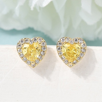Латунные микро проложить серьги стержня кубического циркония, сердце, стойки покрытие, долговечный, без кадмия и без свинца, реальный 18 k позолоченный
