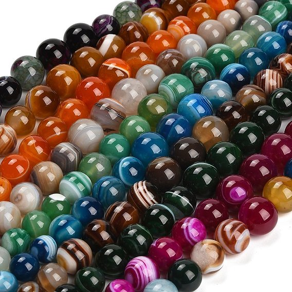 Нити из натуральных полосчатых бусин агата, окрашенная и подогревом, круглые, класс А