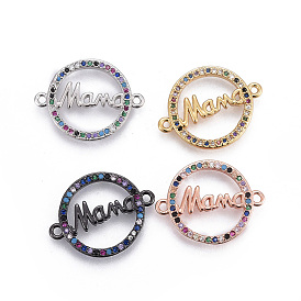 Brass Micro Pave Cubic Zirconia Links, For Mother's Day Jewelry Making, Flat Round with Word Mama