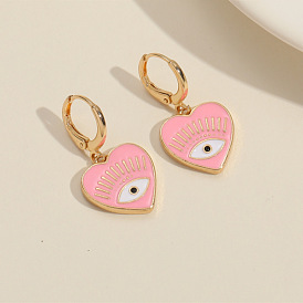 14K Copper Plated Pink Devil Eye Earrings for Women with Unique Long Lashes and Love Hearts Design