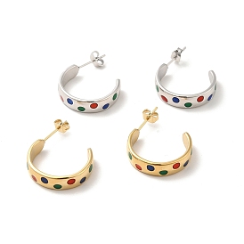 Colorful Enamel Polka Dot Pattern Stud Earrings, 304 Stainless Steel Half Hoop Earrings for Women