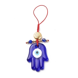 Handmade Evil Eye Lampwork Pendant Decorations, with Braided Nylon Thread and Lotus Pattern Alloy Beads, Buddha Hand