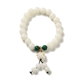 Bracelets de perles de jade blanc naturel, avec des perles de malachite synthétiques, bijoux bouddhiste, bracelets élastiques