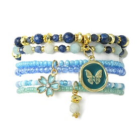 4Pcs 4 Style Natural Mixed Gemstone & Seed Beaded Stretch Bracelets Set, Flower & Butterfly Alloy Enamel Charms Stackable Bracelets for Women