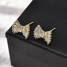 Серьги-гвоздики с бантом из латуни с прозрачным кубическим цирконием, без кадмия и без свинца, долговечный, стойки покрытие