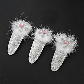 Christmas Snowflake Glitter Gretel Fabric with PU leather Snap Hair Clips, with Iron Clips and Mink Fur, Hair Accessorise for Girls