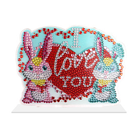 DIY Rabbit & Word Love You Display Decoration Diamond Painting Kits, for Valentine Day, including Plastic Board, Resin Rhinestones, Diamond Sticky Pen, Tray Plate and Glue Clay