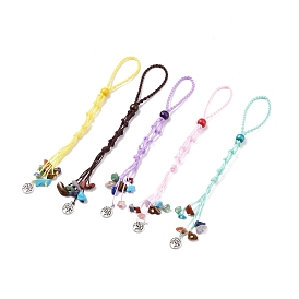 Braided Nylon Cord Macrame Pouch Pendant Decorations, Tumbled Gemstone Beaded Hanging Ornament, Interchangeable Stone, with Dyed Natural Wood Beads
