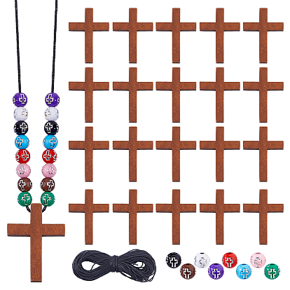 Наборы для самостоятельного изготовления круглого кулона с крестиком., включая шнуры из вощеной хлопчатобумажной нити, Покрытие акриловыми шариками, кулон в виде креста из древесины схимы