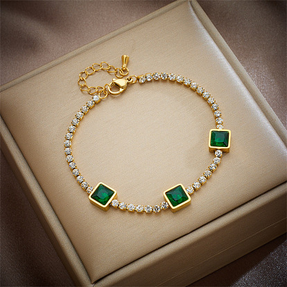 Square Emerald Gemstone Chain Bracelet with Rhinestones - Fashionable and Unique Titanium Steel Jewelry Pendant