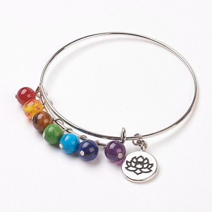 Adjustable Iron Bangles, with Natural/Synthetic Gemstone Bead and Brass Findings, Flat Round with Lotus
