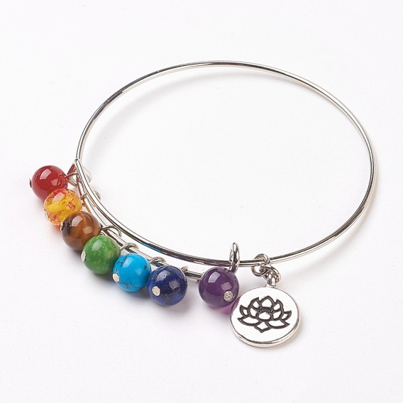 Adjustable Iron Bangles, with Natural/Synthetic Gemstone Bead and Brass Findings, Flat Round with Lotus
