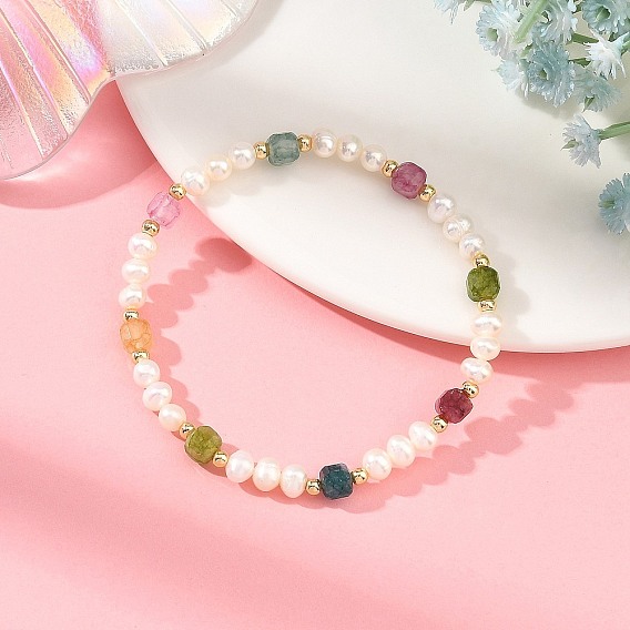 Faceted Cube Natural Multicolor Tourmaline and Pearl Beaded Stretch Bracelets, Golden