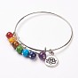 Adjustable Iron Bangles, with Natural/Synthetic Gemstone Bead and Brass Findings, Flat Round with Lotus