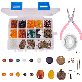 DIY Earring Making, with Round Imitation Gemstone Acrylic Beads, Tibetan Style Bead Spacers, Brass Crimp Beads and Carbon Steel Jewelry Pliers